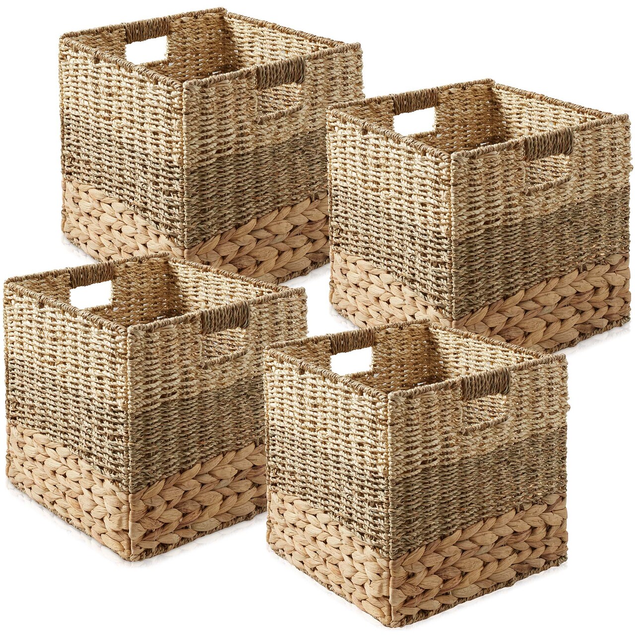 Casafield 13" x 13" Water Hyacinth Storage Baskets Collapsible Cube Organizers, Woven Bins for Bathroom, Bedroom, Laundry, Pantry, Shelves